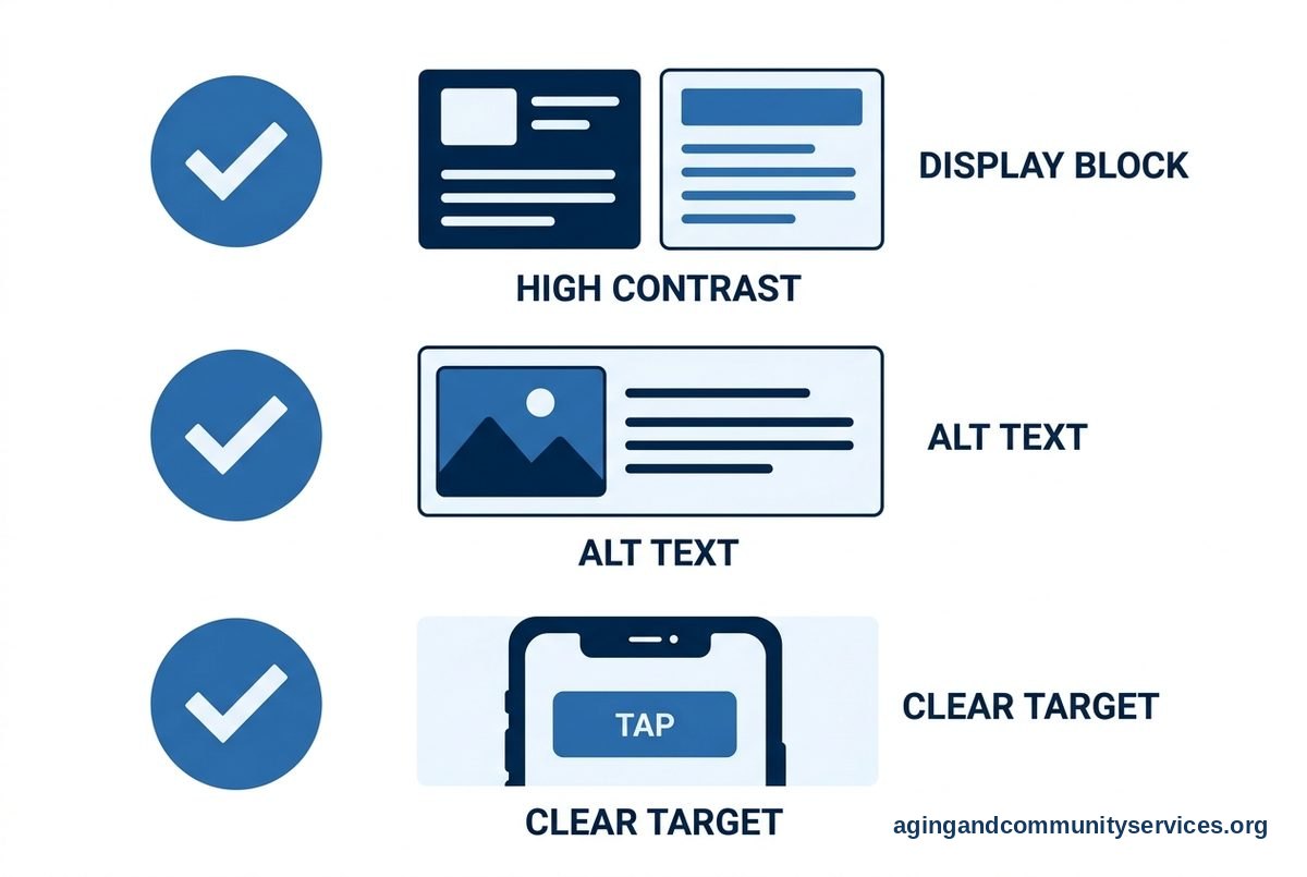 A vertical checklist graphic detailing visual contrast, text descriptions, and button callouts with check indicators.