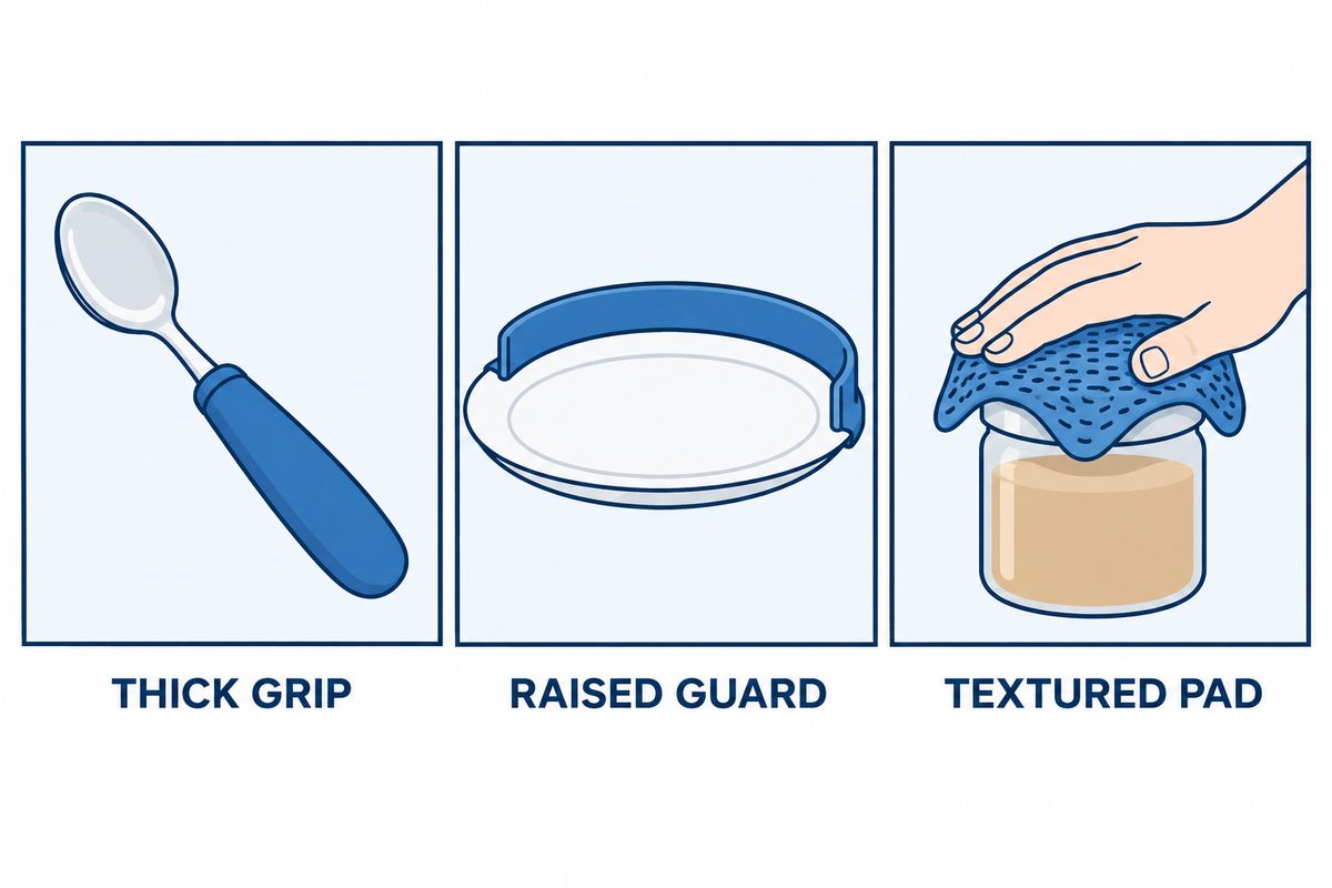 Three illustrated panels show a spoon with a thick handle, a plate with a raised rim guard, and a textured pad gripping a jar lid.