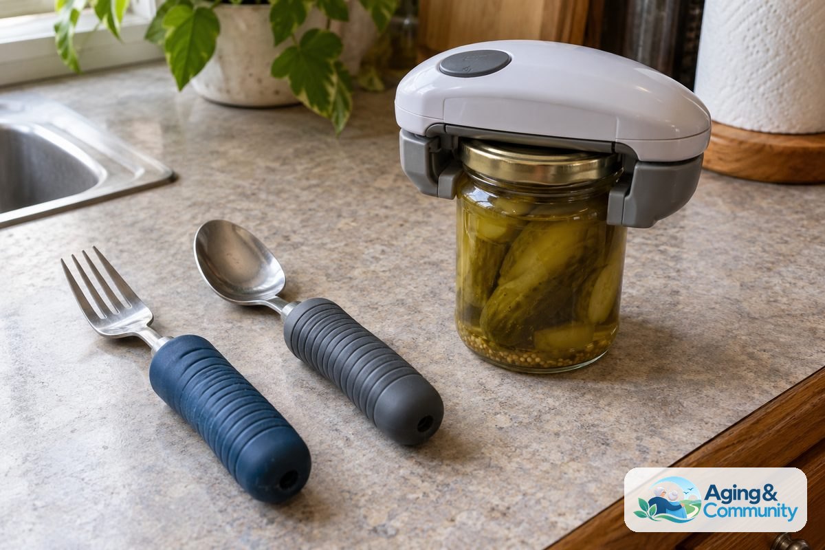 A spoon and fork with thick handles lie beside an electric jar opener fitted over a glass jar on a kitchen counter.