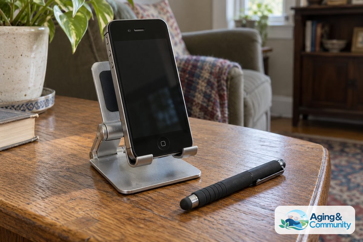 An older iPhone sits upright in an adjustable tabletop stand beside a thick grip stylus with a soft tip.