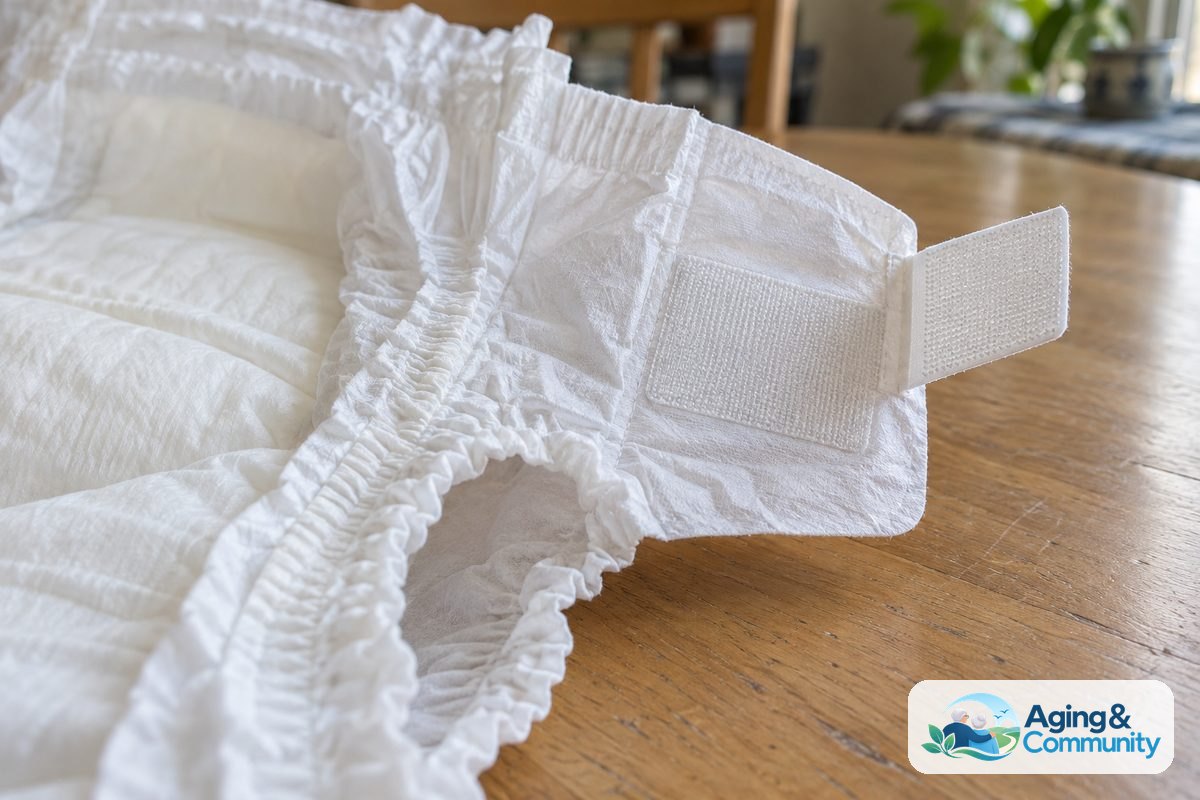 An unused white adult brief lies open on a wooden table, revealing its fastening tab, textured outer fabric, and gathered leg cuff.