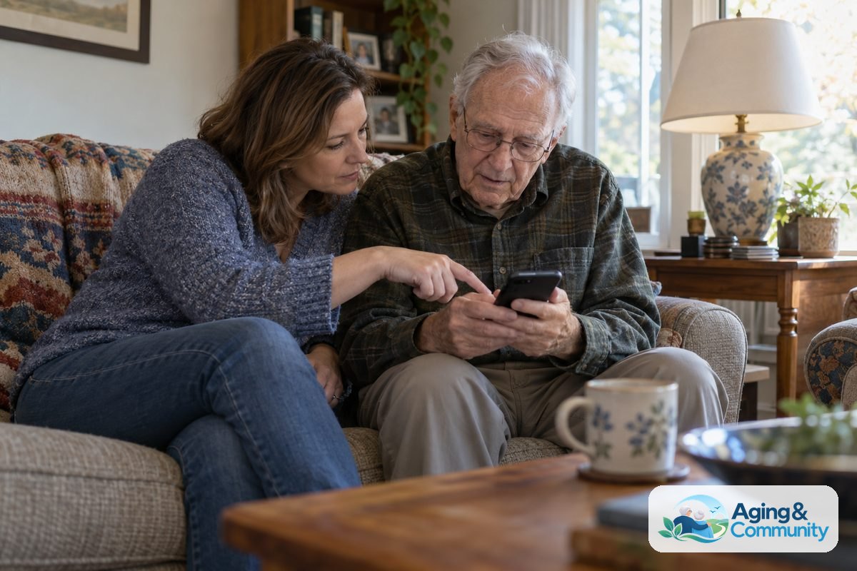 An adult daughter sits on a living room sofa guiding her father in his late 70s as he holds a smartphone and looks at the screen with focused concentration.
