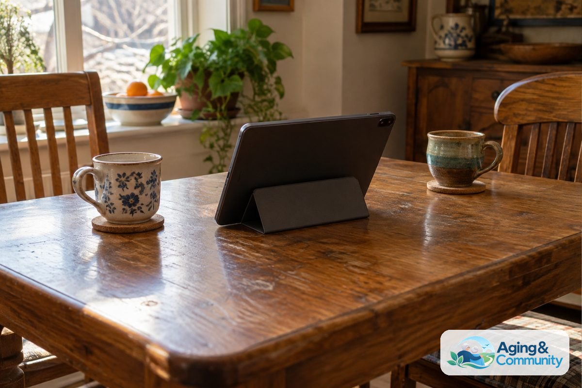 Email for Seniors with Dementia: A Helpful Setup Guide 5 A tablet on a stand sits beside two ceramic cups on separate coasters at a small wooden table with two chairs.
