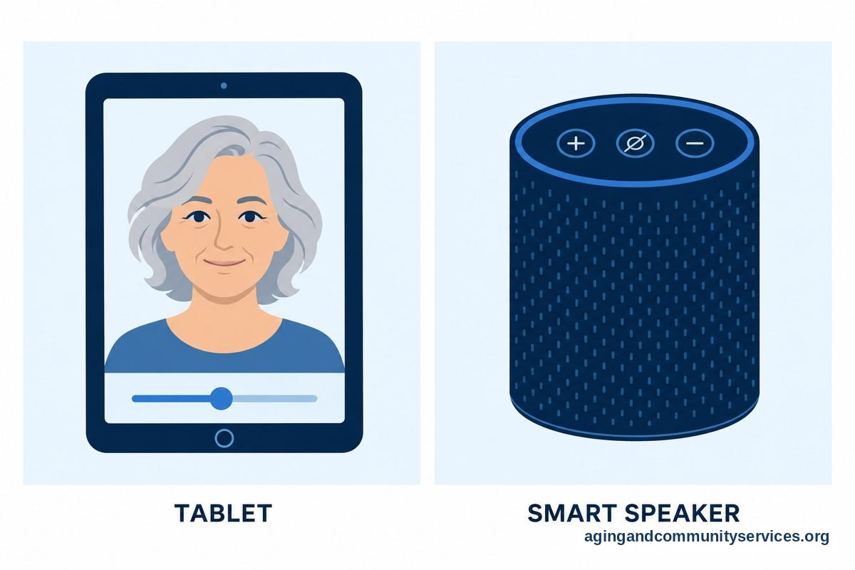 An illustrated tablet showing a face with silver hair sits beside an illustrated smart speaker with a light ring and top buttons.