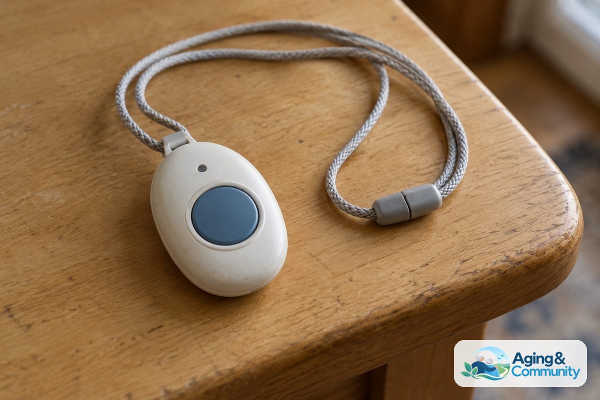 An oval alert pendant with a large recessed button lies on a wooden tabletop beside its neck cord and clasp.