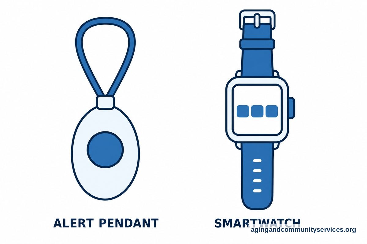 Wearable Safety Device for Elderly Living and Peace of Mind 5 An alert pendant with one large button appears beside a smartwatch with a touchscreen and a side button.