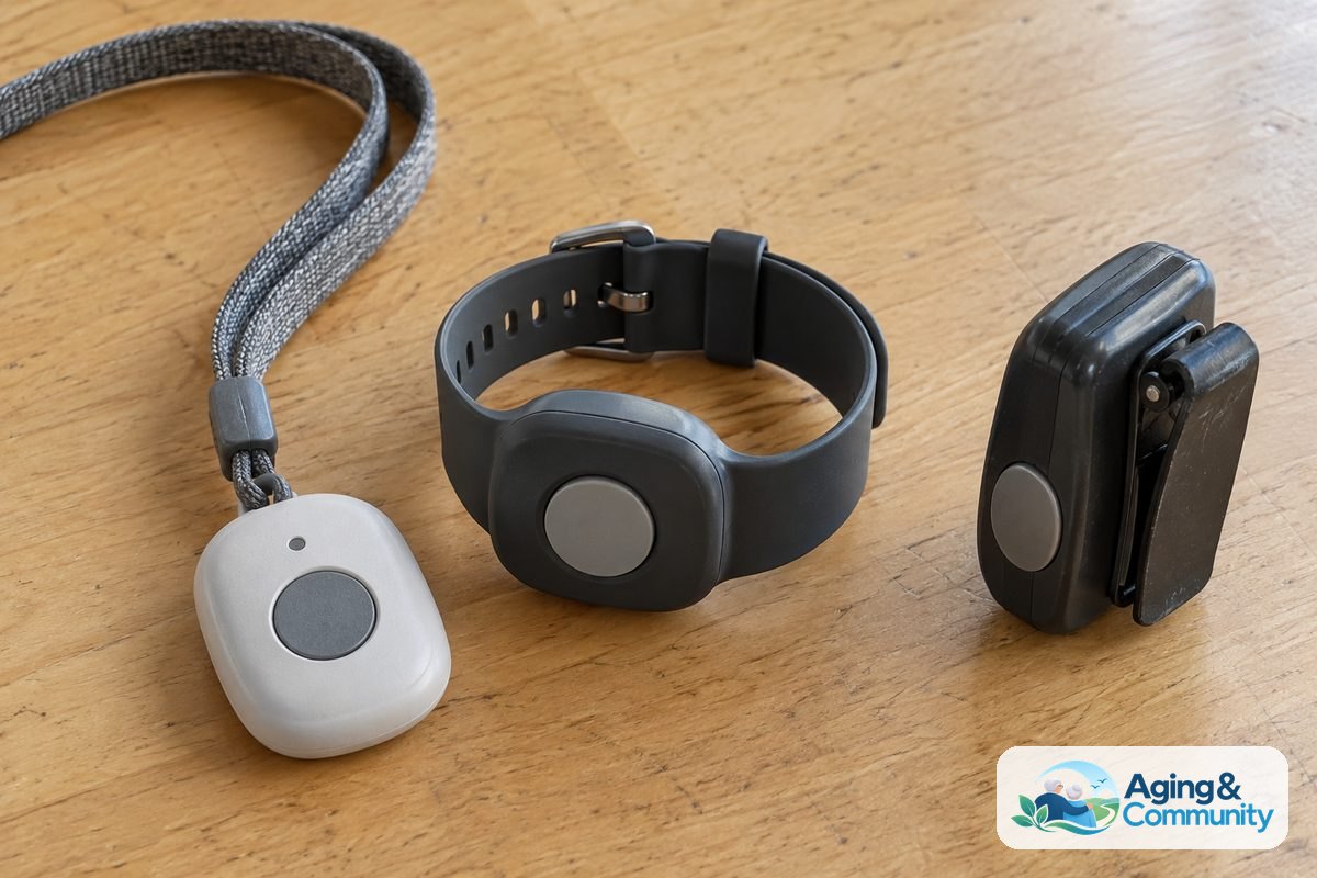 How to Choose a Medical Alert System for Your Needs 3 A pendant with a fabric lanyard, a silicone wristband button, and an alert unit with a belt clip lie on a wooden table.