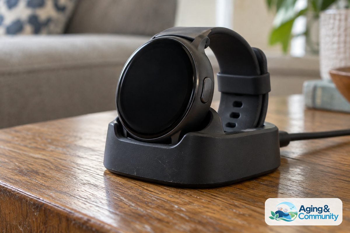 A smartwatch with a raised side button rests in a charging cradle beside its cable on a wooden table.