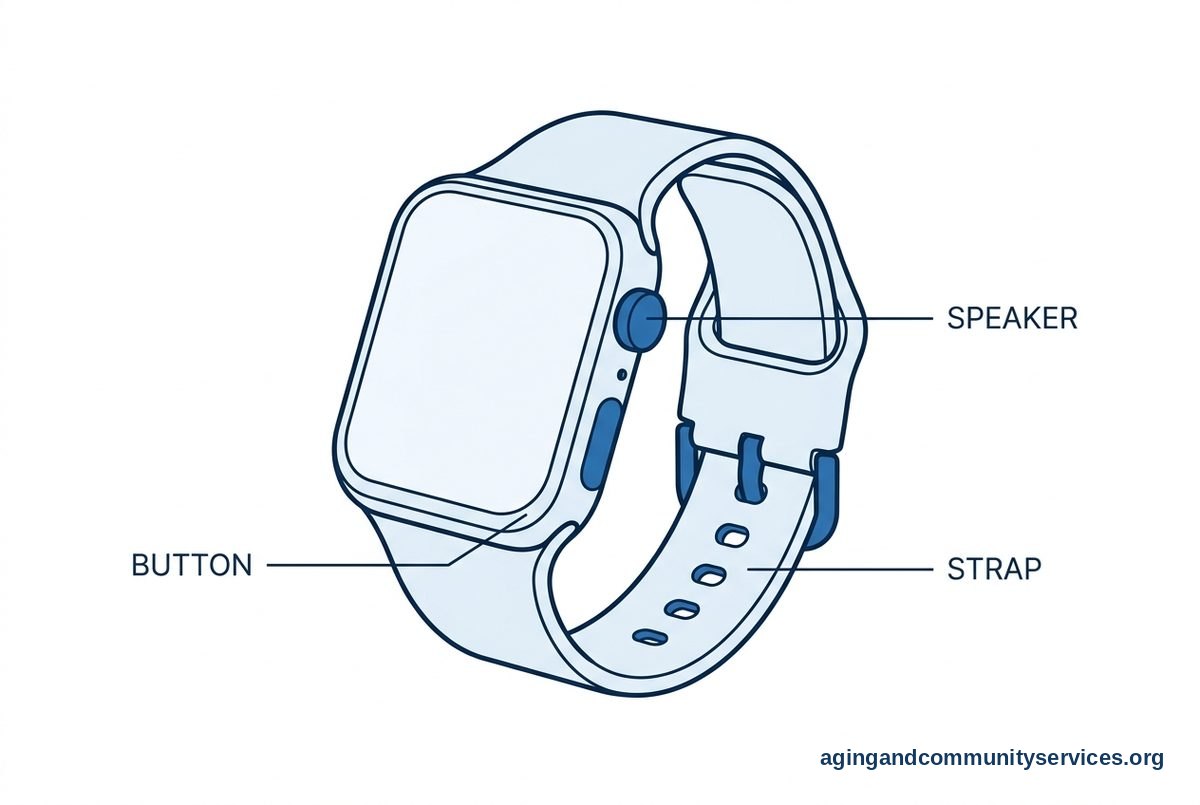 A large watch drawing has three callouts pointing to a prominent side button, speaker openings, and an adjustable strap.