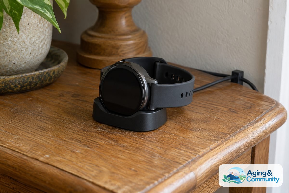 An alert watch rests in a charging cradle on an oak table with its cable secured along the back edge.