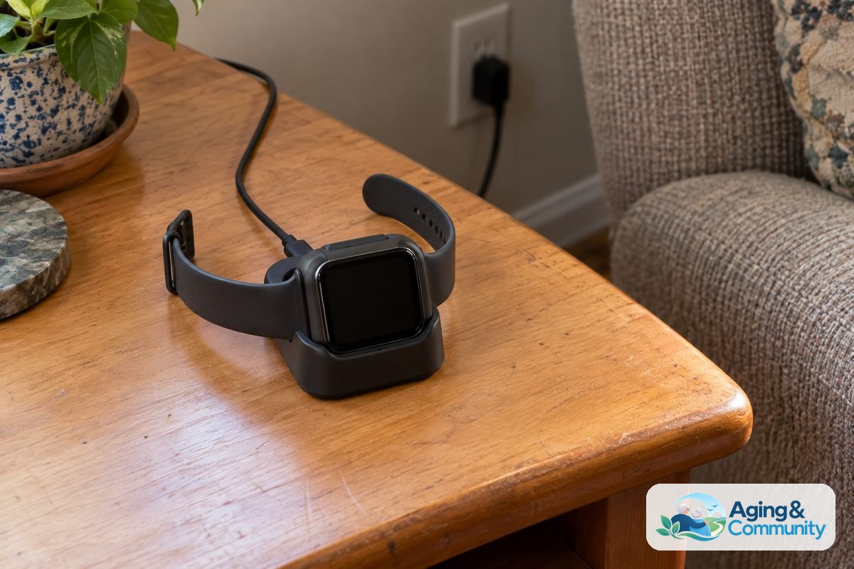 An alert watch rests in a fitted charging cradle on a side table with its cable routed behind the table to a wall outlet.