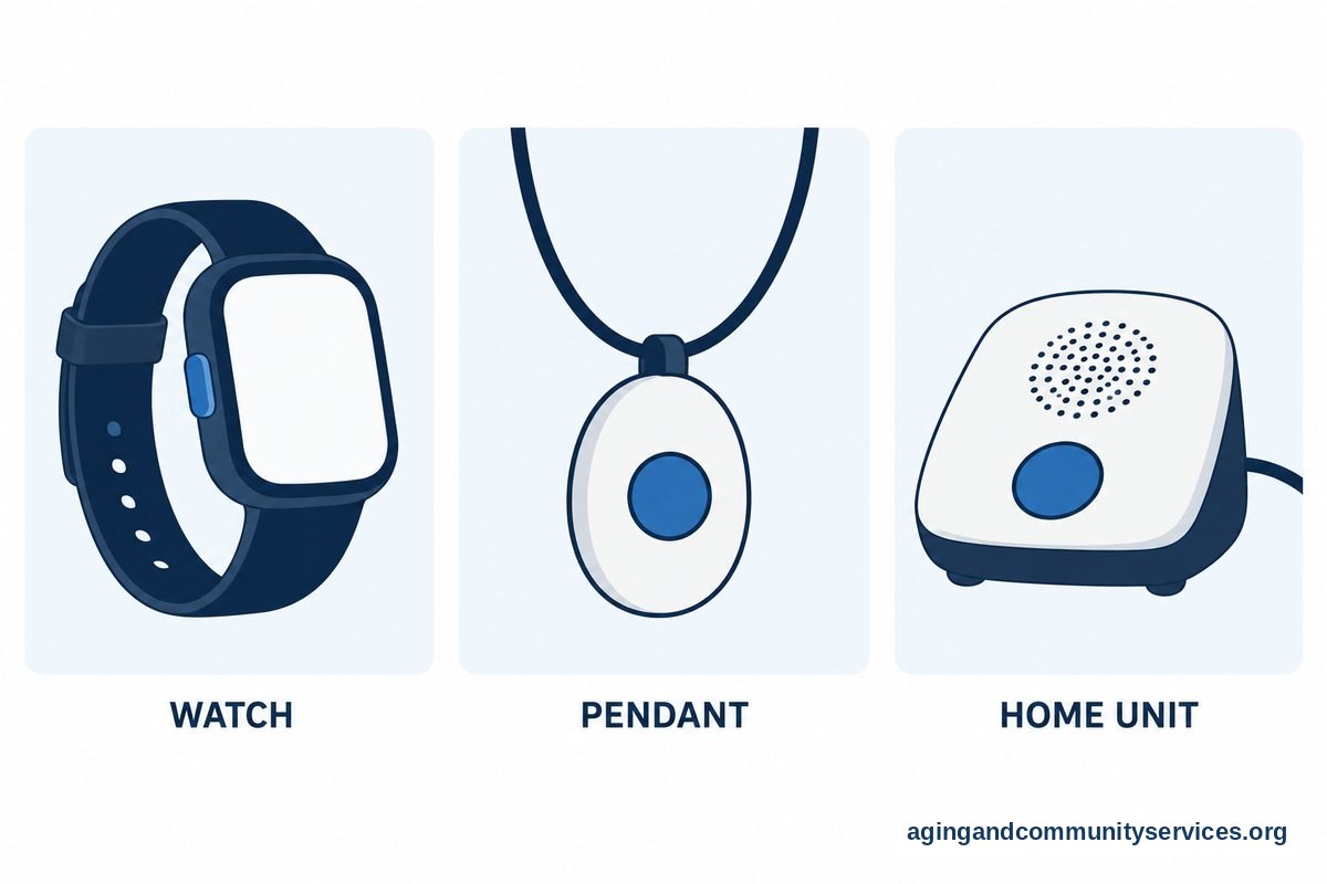 Three illustrated panels show an alert watch with a wristband, a pendant with a neck cord, and a tabletop home base unit.