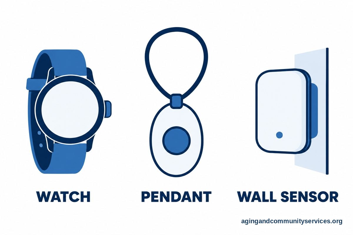 Three vector panels show a wristwatch with a side button, a pendant with a central button, and a small sensor mounted on a wall.