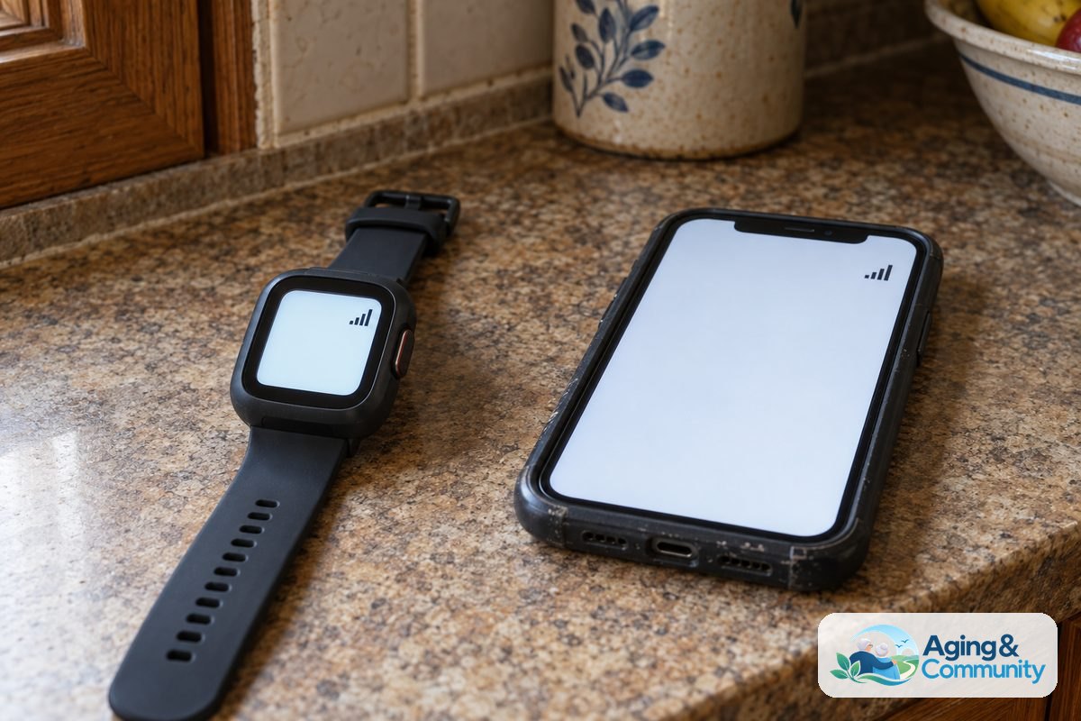 A smartwatch and smartphone sit beside each other on a kitchen counter with cellular signal bars visible on both screens.