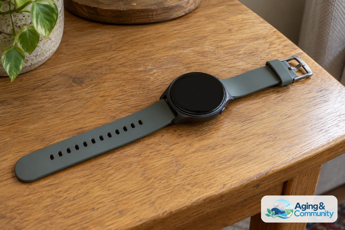 An alert watch lies open on a wooden table with its silicone strap, adjustment holes, and metal buckle clearly visible.