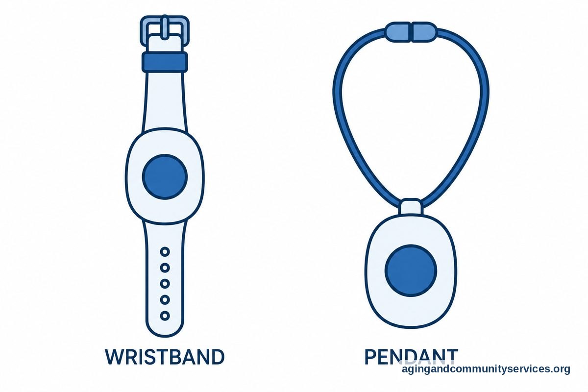 An alert wristband with an adjustable strap appears beside an alert pendant with a neck cord and a large central button.