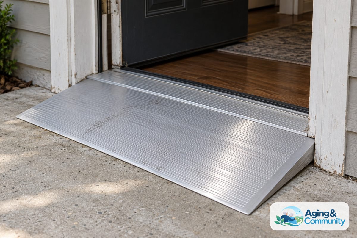 A textured aluminum threshold ramp bridges a small raised doorway sill between a concrete porch and an open front door.