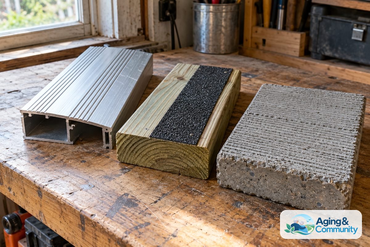 Three material samples on a workbench show grooved aluminum decking, weathered wood with a textured traction strip, and broom finished concrete.
