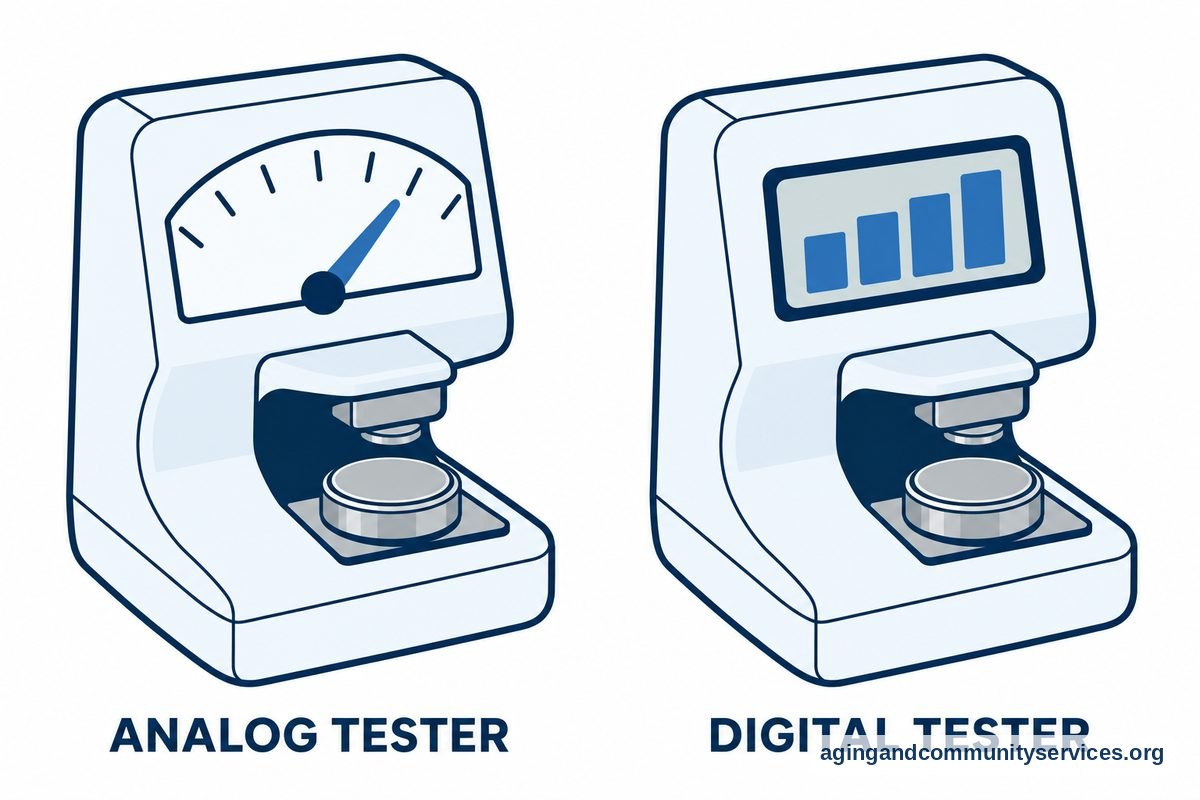 An analog battery tester with a needle gauge appears beside a digital battery tester with a segmented bar display.