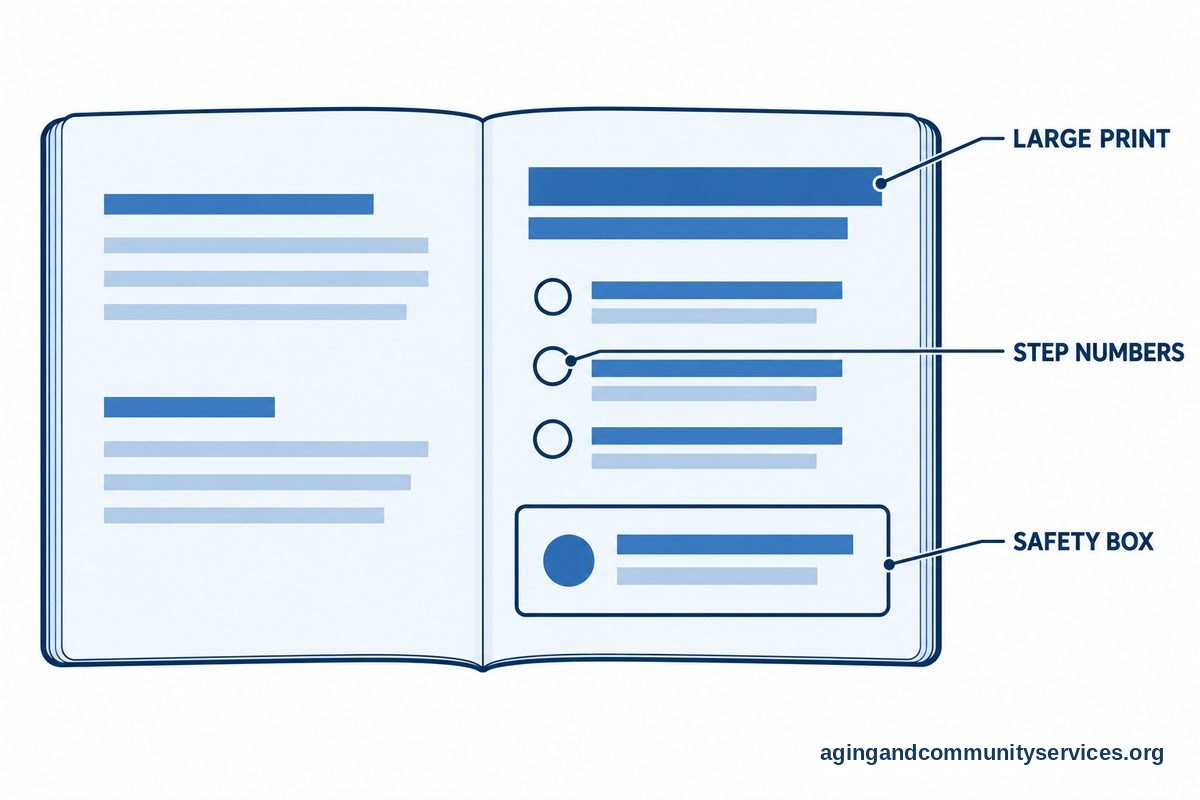 A vector diagram showing an open beginner book page with leader lines pointing to large print, step-by-step numbering, and a safety tip box.