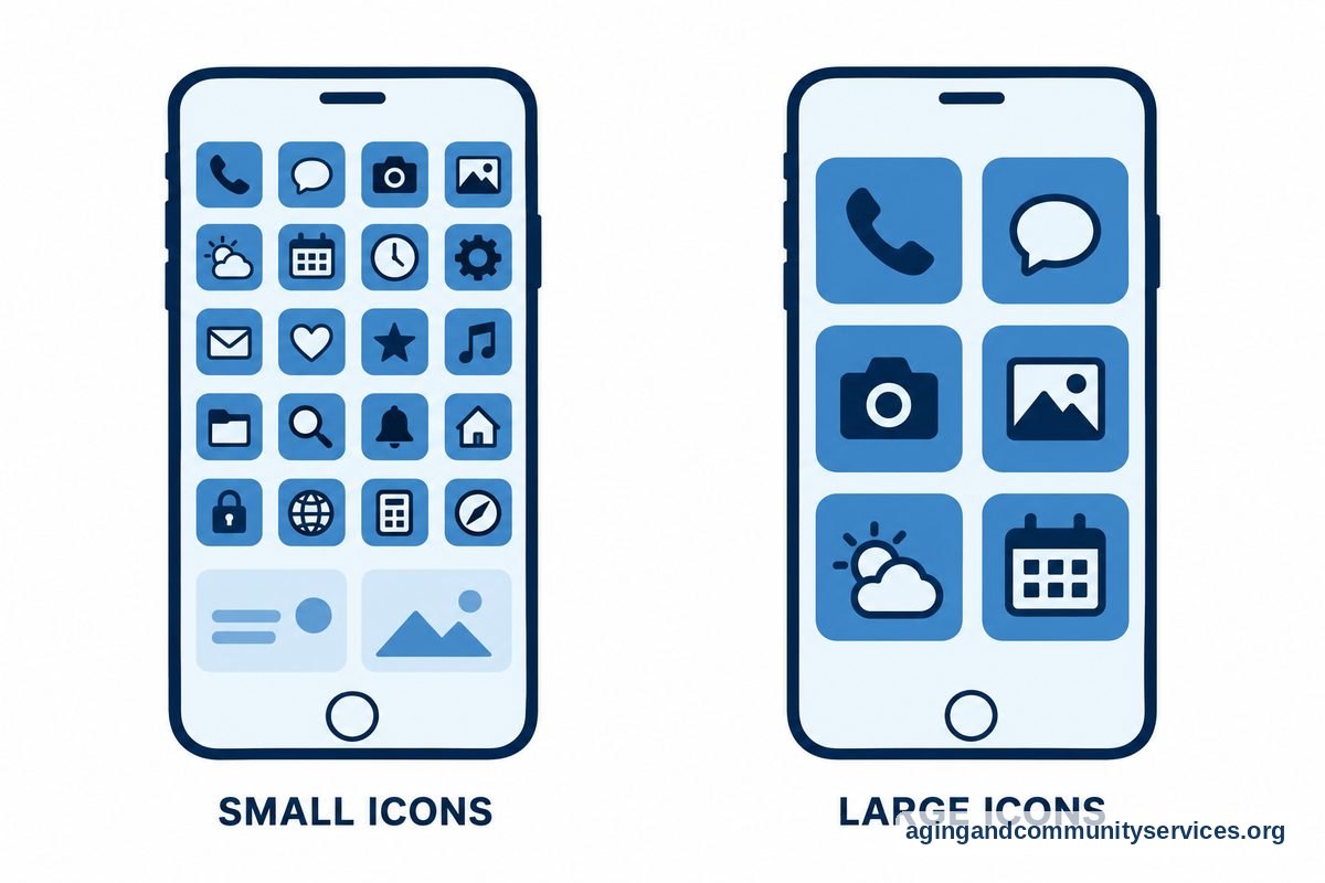 Two matching phone drawings show a crowded screen of small icons beside a simpler screen with six larger icons.