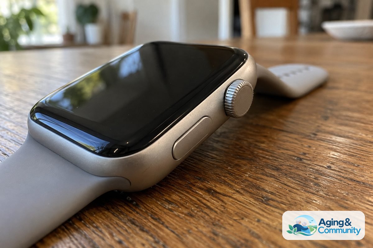 Fall Detection Apple Watch Who Does It Call? A Clear Guide 2 A smartwatch rests on an oak tabletop with its ridged side crown and adjacent button clearly visible.