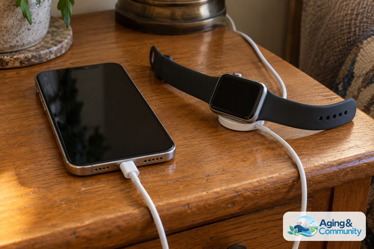 A smartwatch rests on a magnetic charging puck beside a smartphone connected to a charging cable on a wooden side table.