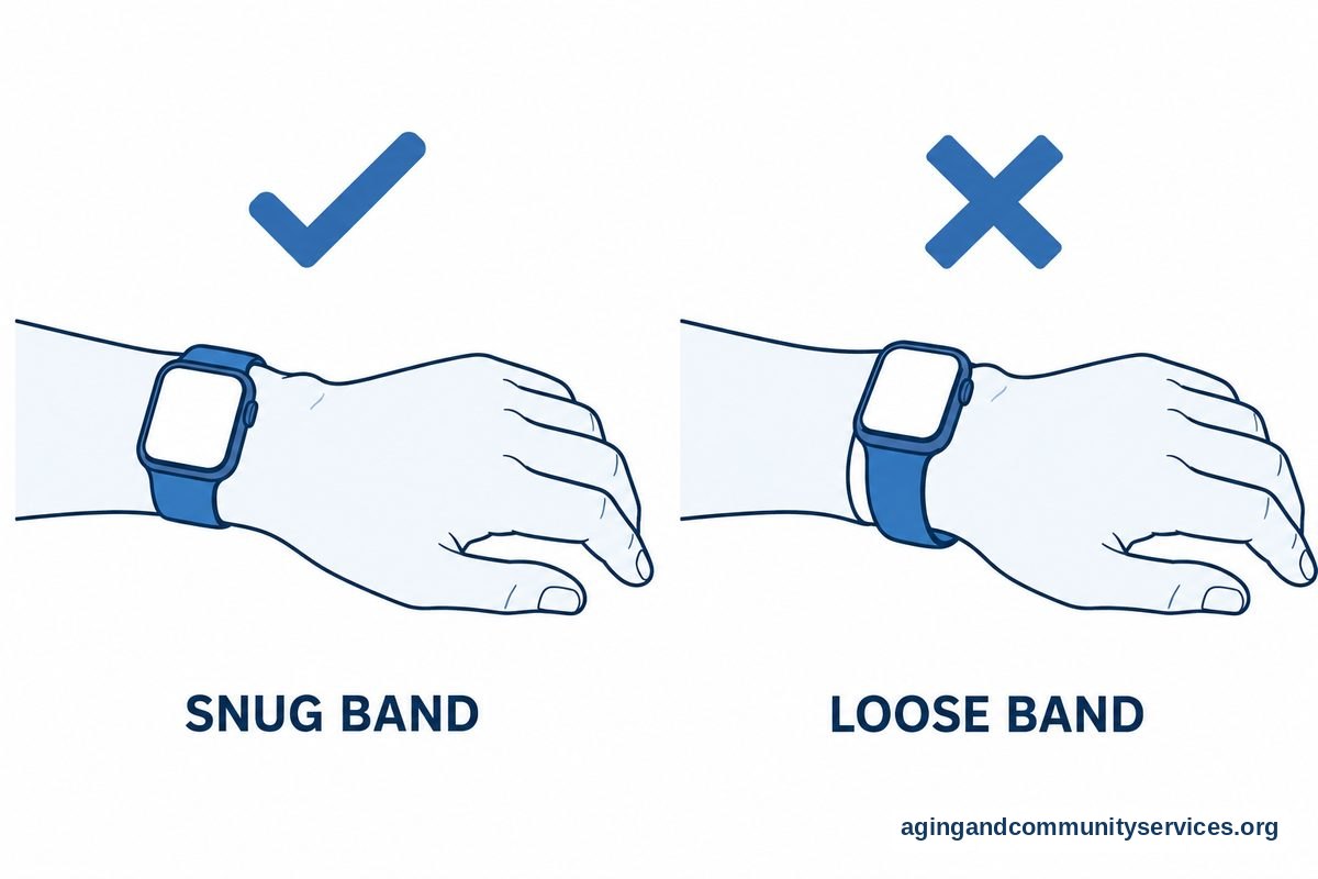 Two wrist drawings compare a watch sitting snugly above the wrist bone with a loose watch hanging near the hand.