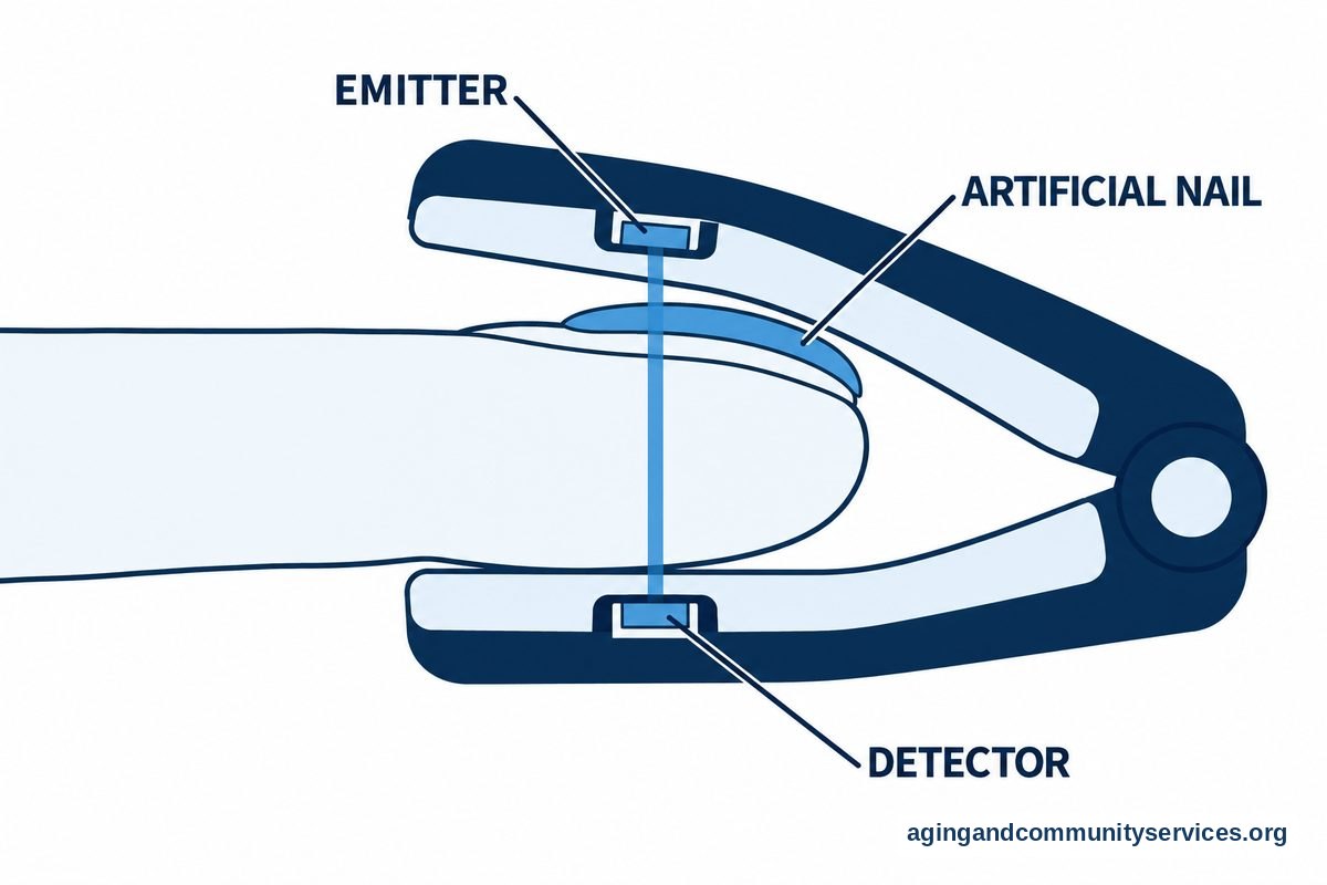 A cutaway drawing shows an artificial nail inside a fingertip clip between an upper light emitter and a lower detector.