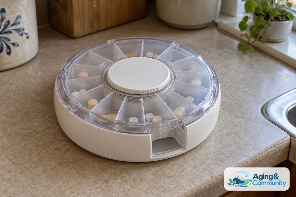 A circular medication dispenser with a translucent lid and a small dispensing opening sits on a laminate kitchen counter.