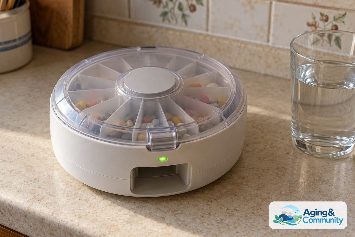 A round automatic pill dispenser with a translucent lid and front dispensing opening rests beside a glass of water on a kitchen counter.