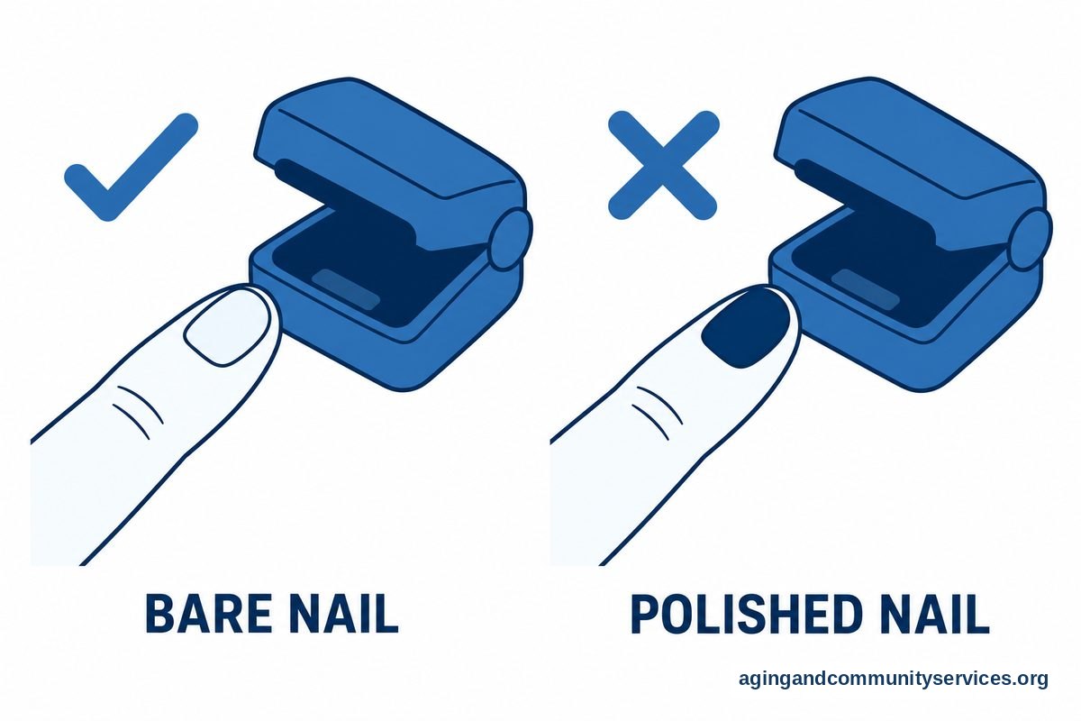 Two enlarged fingertips appear beside matching open pulse oximeter clips, with a check beside a bare nail and a cross beside a dark polished nail.