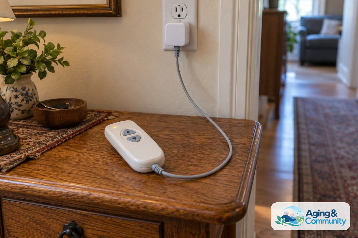 A bath lift hand control rests on a wooden table with its charging cable connected to an adapter in a wall outlet.