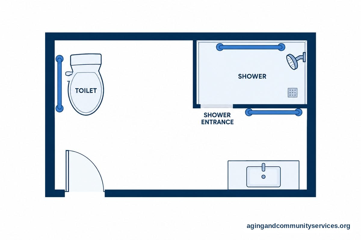 A bathroom floor plan shows grab bars beside a toilet, at a shower entrance, and along an interior shower wall.