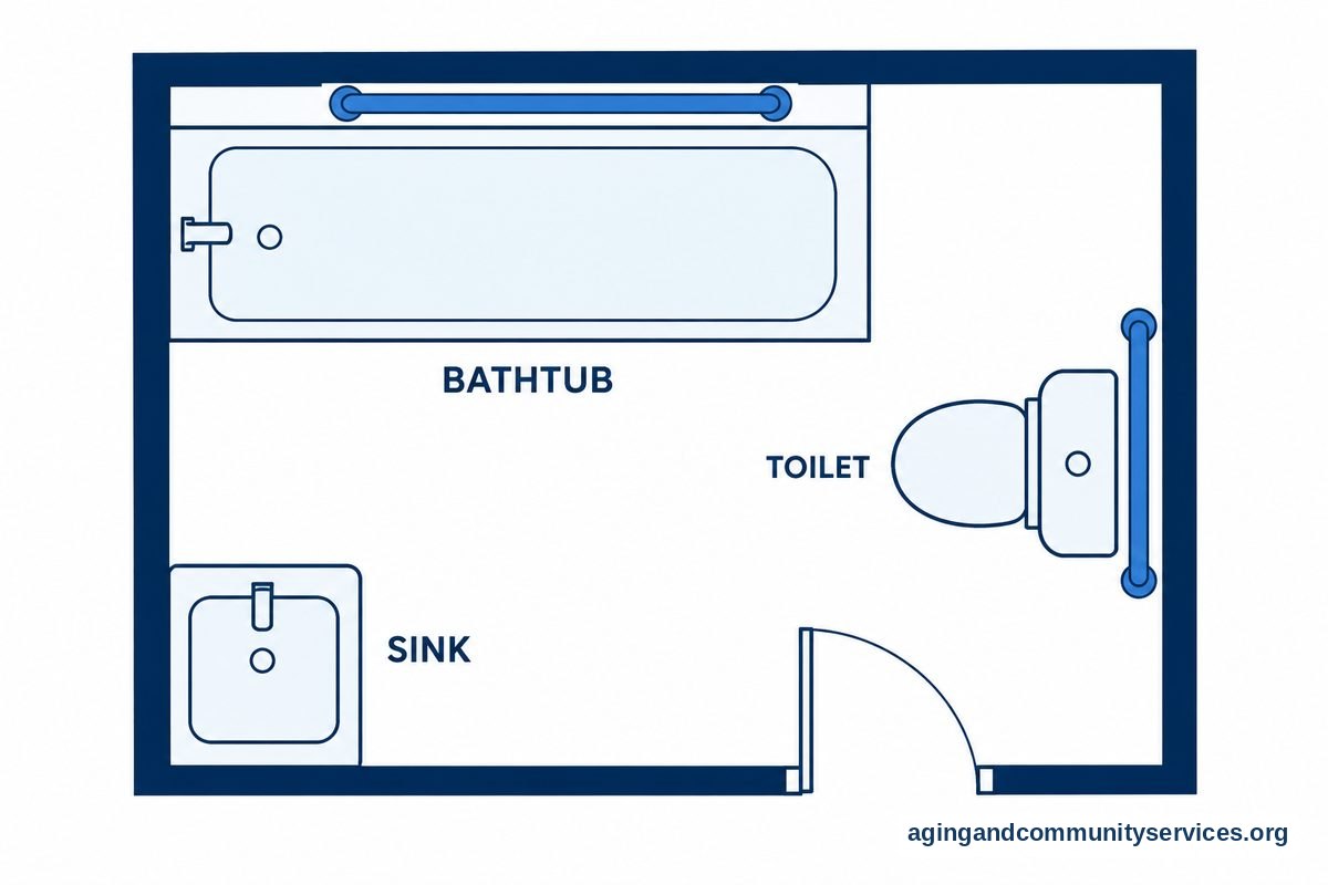 A bathroom floor plan shows a bathtub, toilet, sink, doorway, and grab bars beside the bathtub and toilet.
