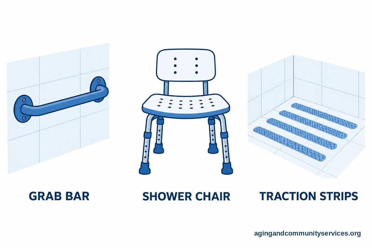 Three vector panels show a wall mounted grab bar, a shower chair with a backrest, and textured strips attached to a shower floor.
