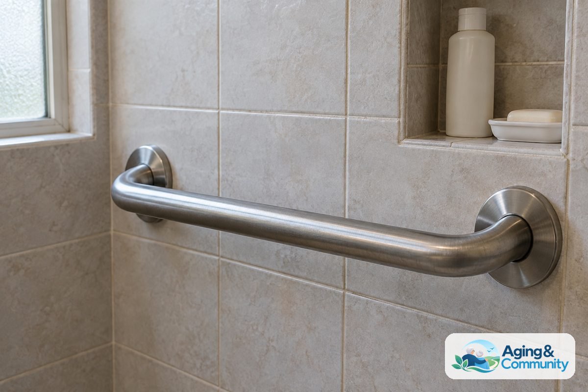 Safety in the Elderly: A Practical Home Guide 3 A brushed stainless steel grab bar is mounted on a tiled shower wall beside a recessed shelf holding soap and shampoo.