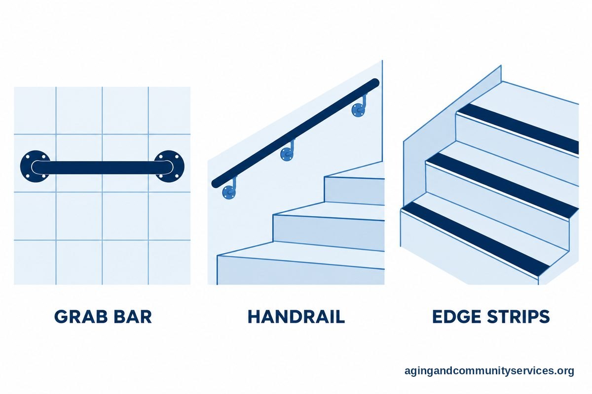 Smart Home Alternatives for Safer, Easier Living 3 Three detail illustrations show a wall mounted grab bar, a stair handrail, and contrasting strips along stair edges.