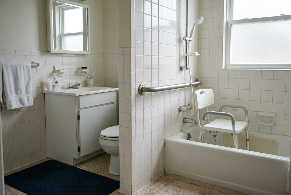 Room-by-Room Home Safety Checklist 3 A bathroom set up for safer seated bathing: a grab bar mounted into the wall beside the tub, a shower chair with adjustable legs, a handheld shower head and a rubber-backed mat