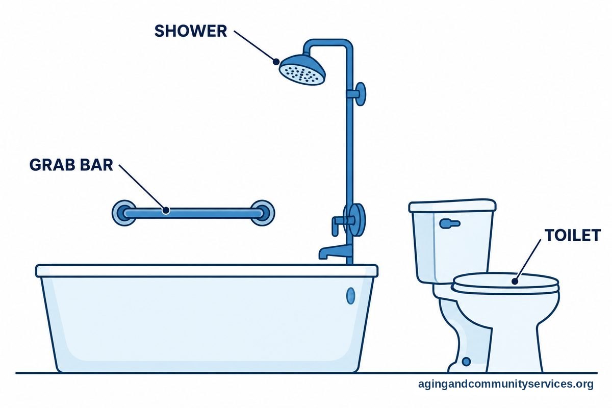 A flat vector diagram shows a bathroom layout with a grab bar, a toilet, and a shower, each labeled with simple leader lines.