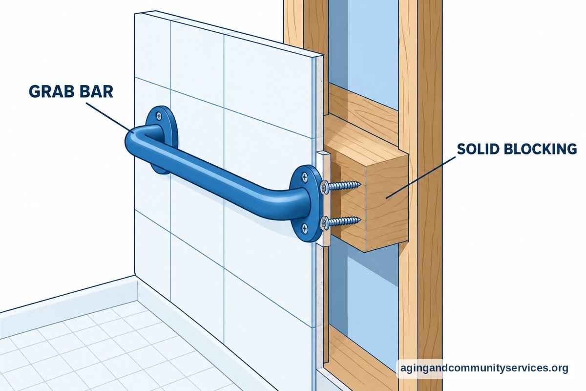 A cutaway shower wall shows a horizontal grab bar fastened through tile into solid blocking between wall studs.