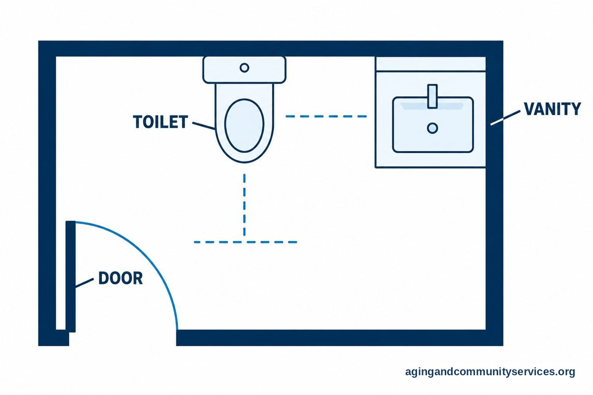 Bidet Seat Versus Bidet Toilet: A Helpful Guide 5 A top view of a small bathroom shows a toilet beside a vanity, an inward swinging door, and open floor space in front of the toilet.