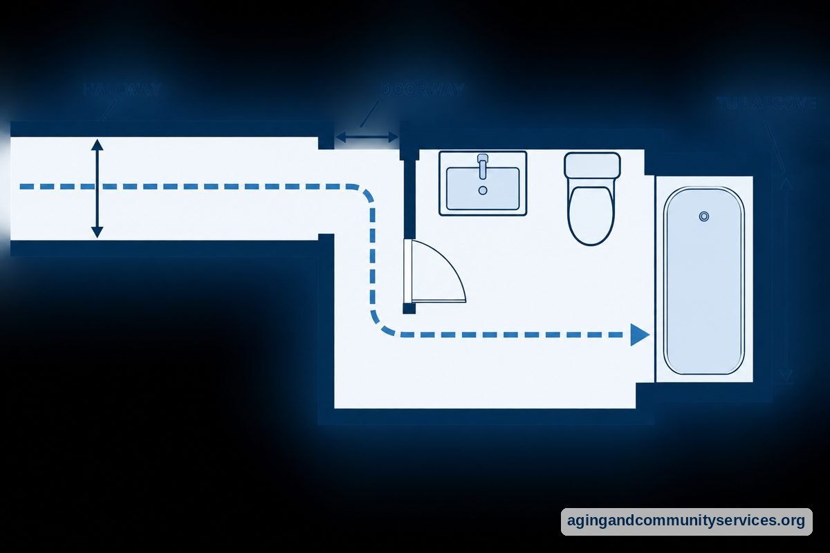 An overhead floor plan shows a hallway turning through a bathroom doorway toward a tub alcove beside a sink and toilet.