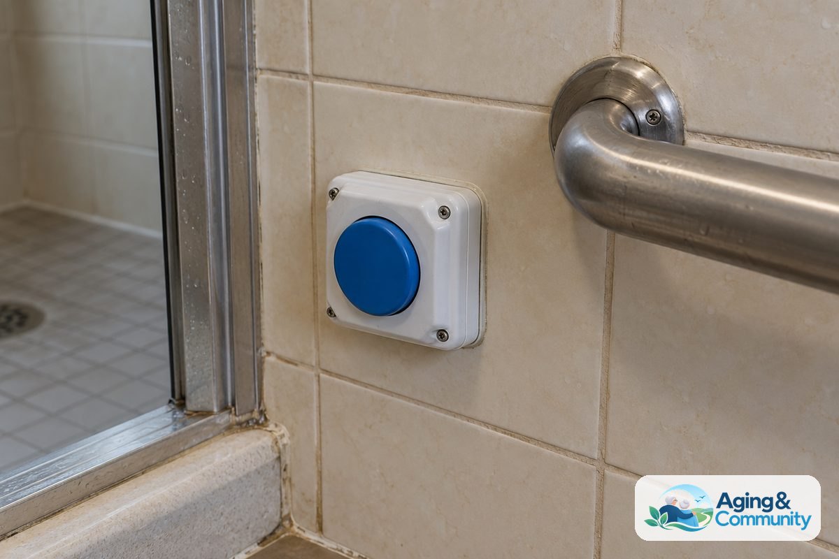 A round manual alert button is mounted on bathroom tile beside a stainless steel grab bar near a shower entrance.