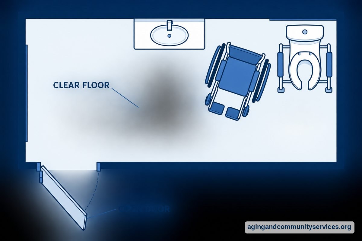 A top down bathroom drawing shows a wheelchair beside a commode, an open doorway, a vanity, and an unobstructed central floor area.
