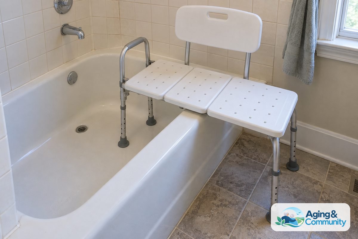 A transfer bench spans a conventional bathtub rim with two legs inside the tub and two rubber tipped legs on the bathroom floor.