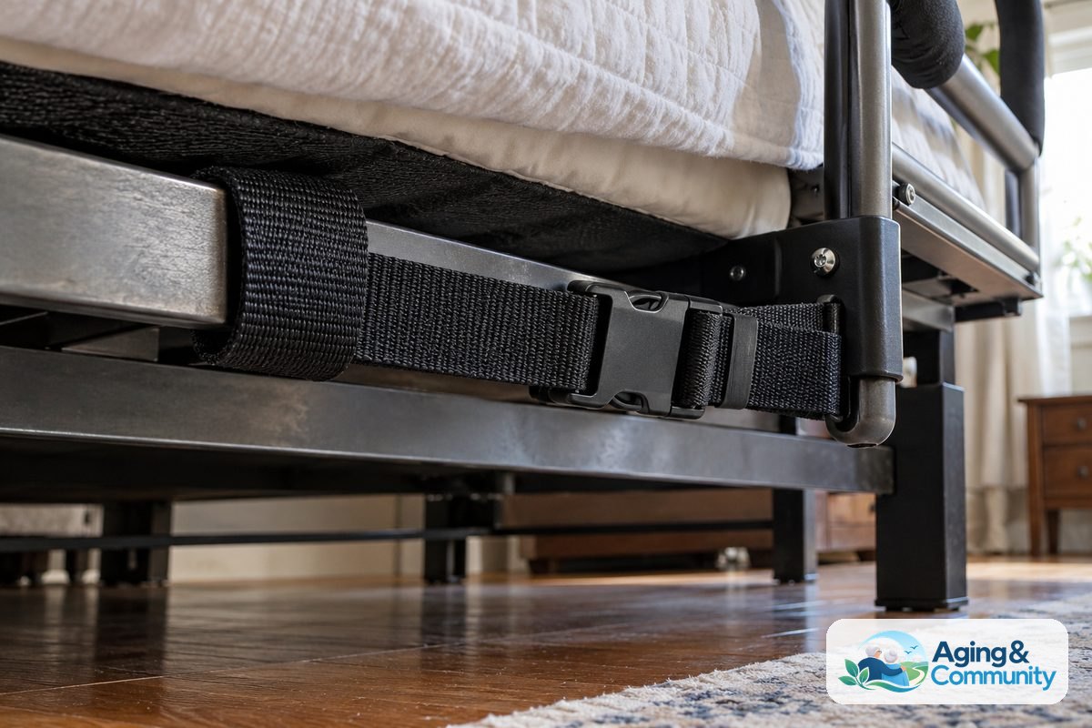 A woven safety strap from a bed assist handle wraps around a stationary bed frame member through a fitted buckle.