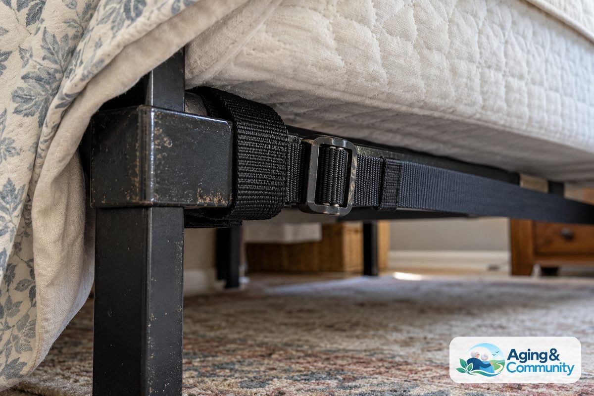 A taut black nylon anchor strap passes through a buckle and wraps around the opposite steel bed frame rail beneath a mattress.