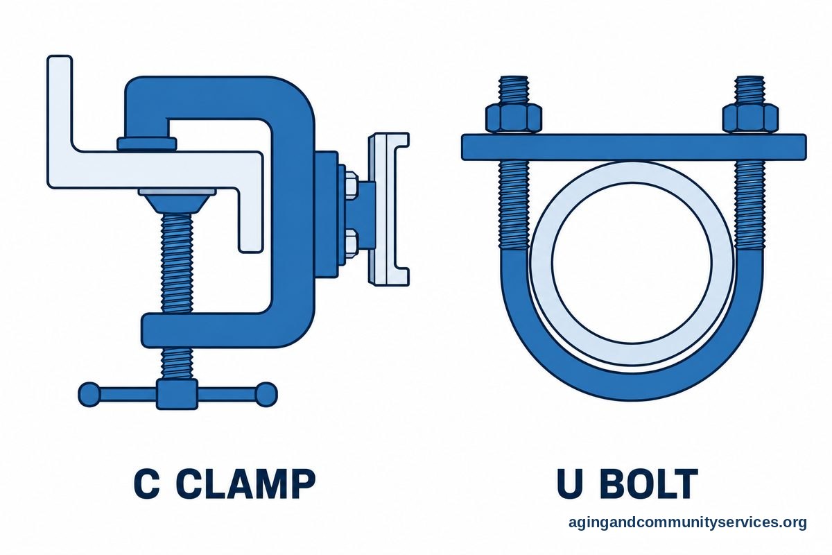 Two vector panels show a screw clamp gripping an angle iron frame and a U bolt securing a bracket around round tubing.