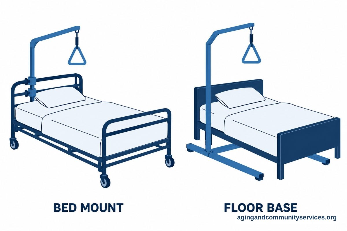 Two drawings show a trapeze attached to a metal bed frame and a freestanding trapeze supported by a wide floor base.